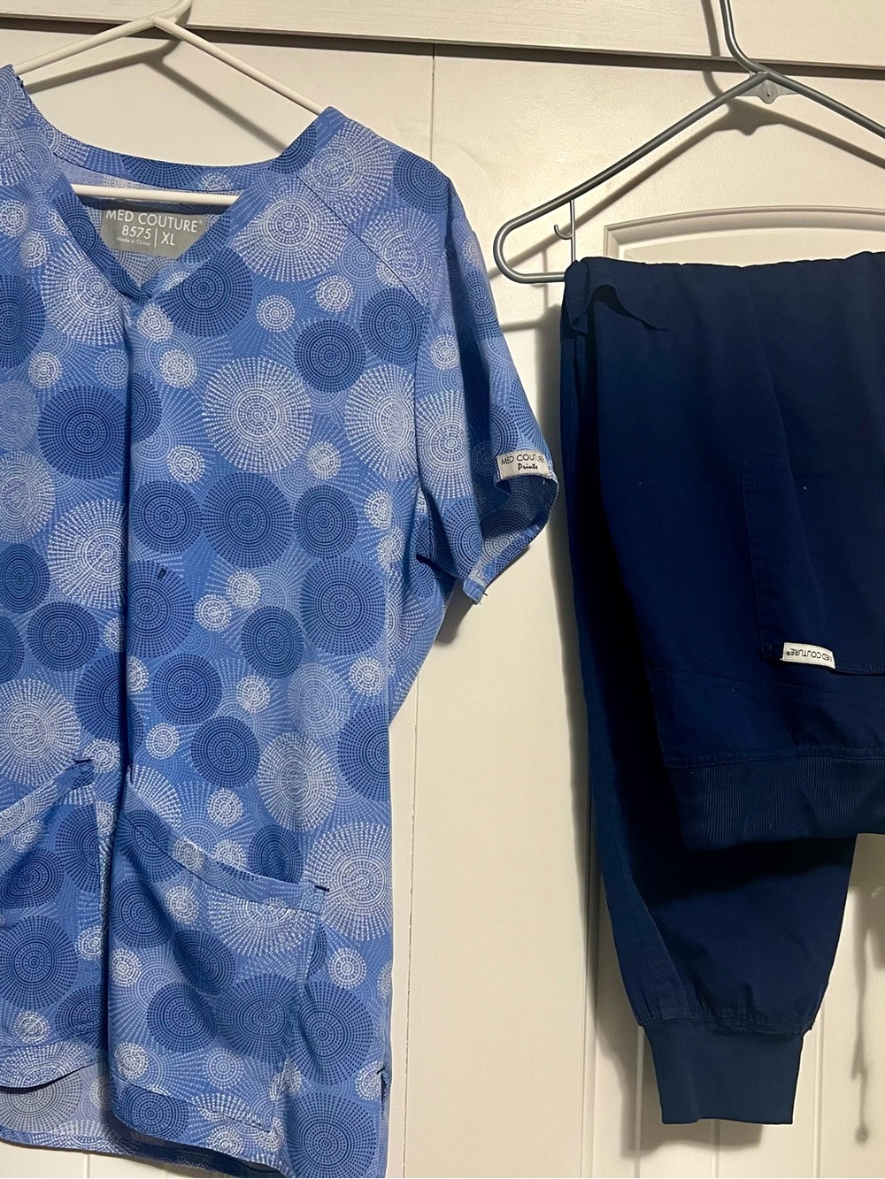 Med Couture Light Blue Printed Scrub Top with Navy scrub Jogger Pants